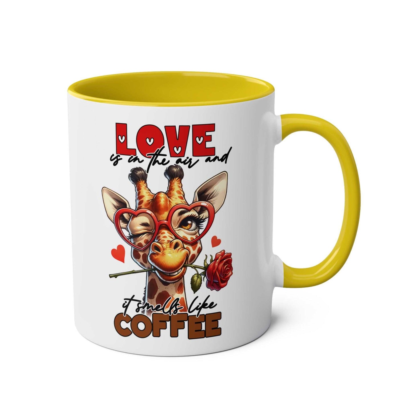 Playful giraffe design coffee mug with yellow handle and interior, Smells Like Coffee Mug.