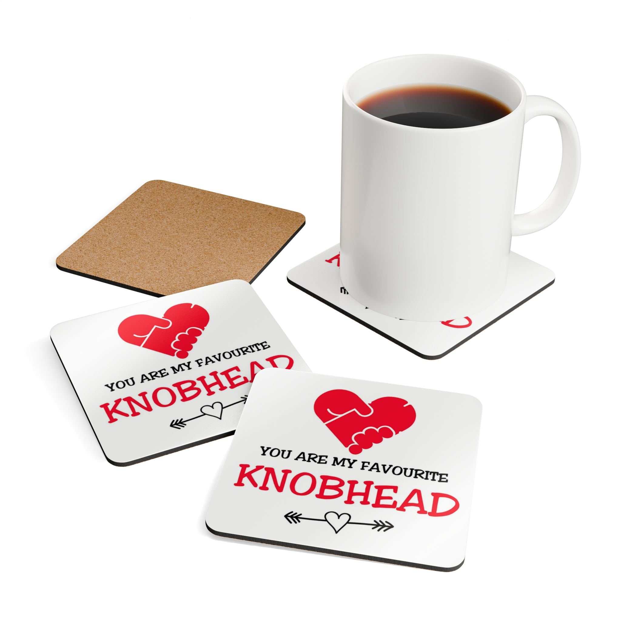 Cheeky Funny Coaster Set with sassy sayings and quirky designs, high-gloss MDF top, cork back, non-slip, 4-piece set.