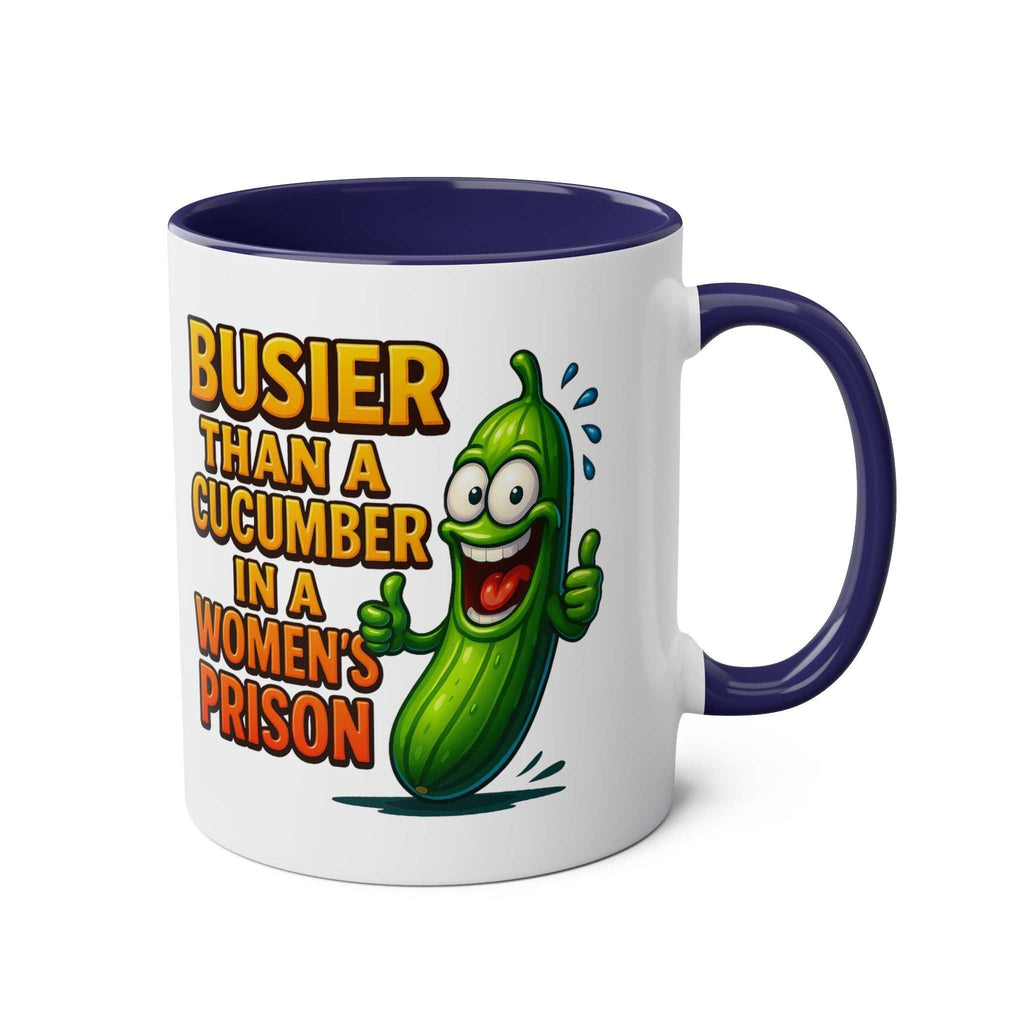 Busier Than a Cucumber coffee mug with funny text and colorful glossy finish