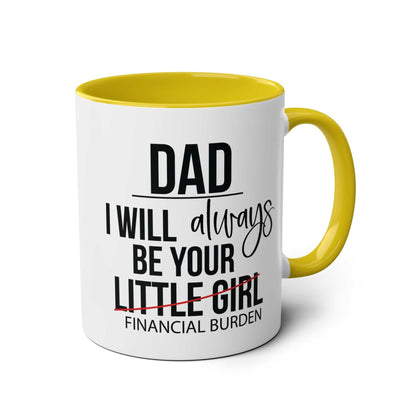 Fun Fathers Day Gift Mug with humorous quote in yellow and black design, perfect for dads.