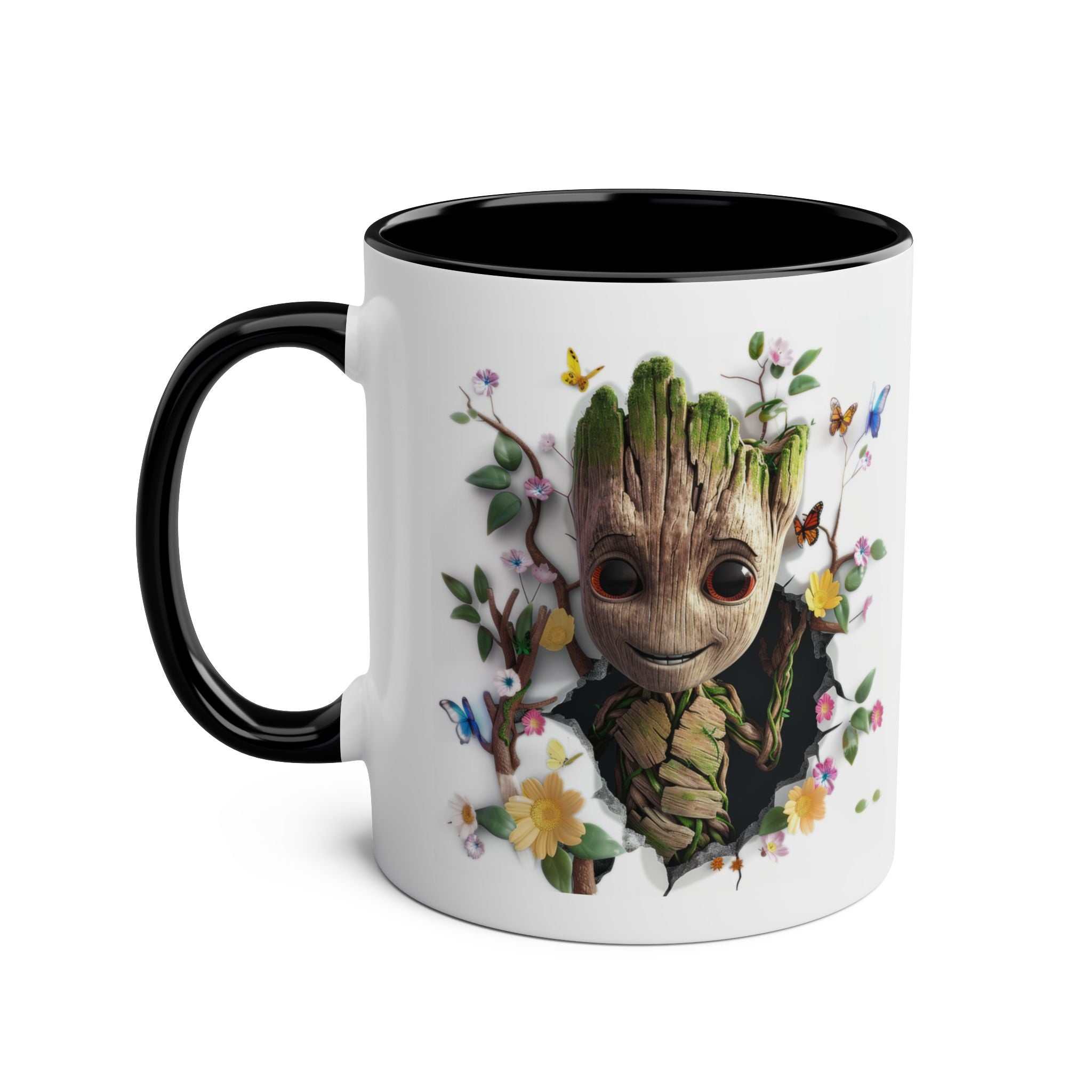 Baby Groot themed mug with colorful floral design, perfect for coffee or tea lovers.