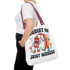 Cheeky I Squirt On Juicy Wieners Fun Tote Bag with hot dog design and colorful handles