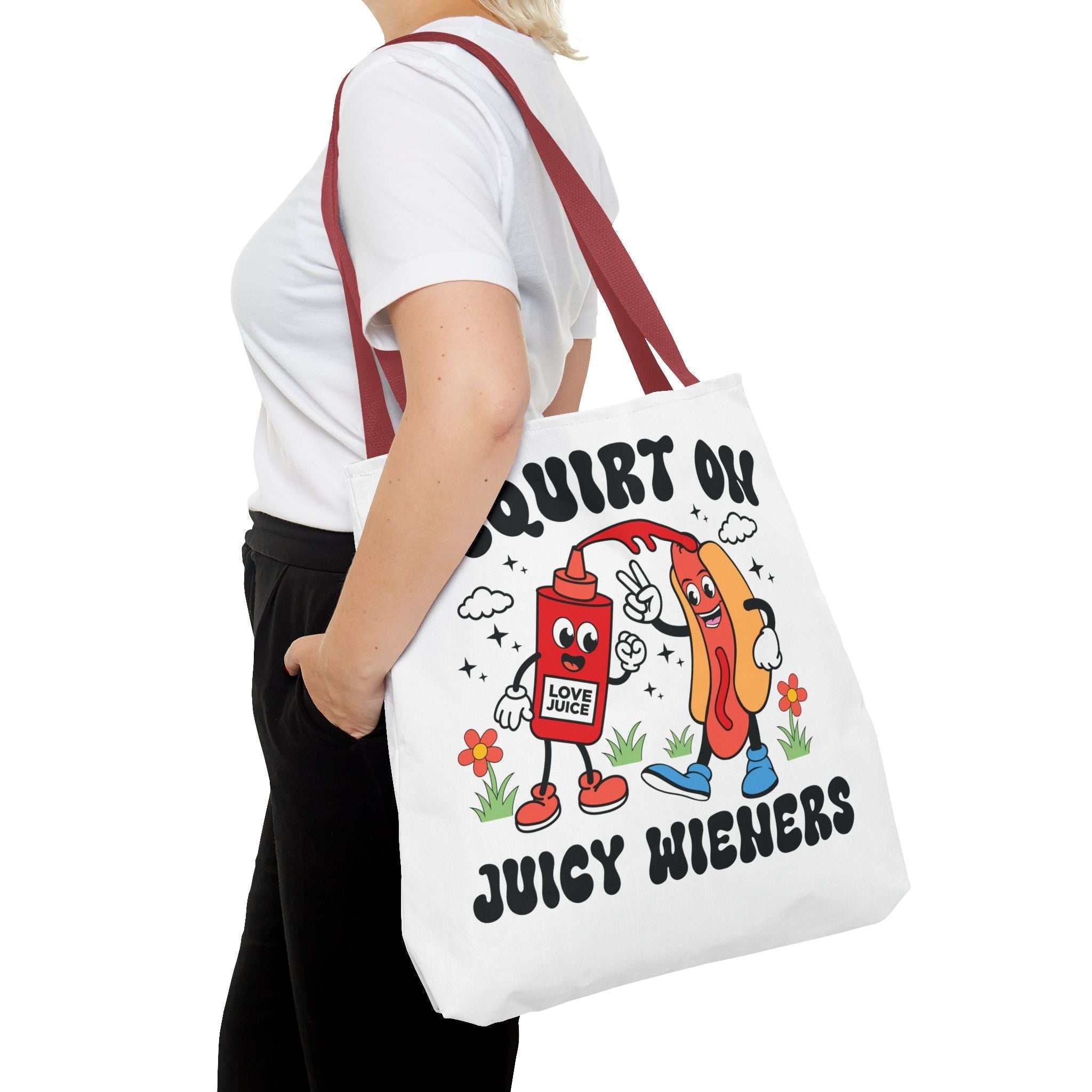 Cheeky I Squirt On Juicy Wieners Fun Tote Bag with hot dog design and colorful handles