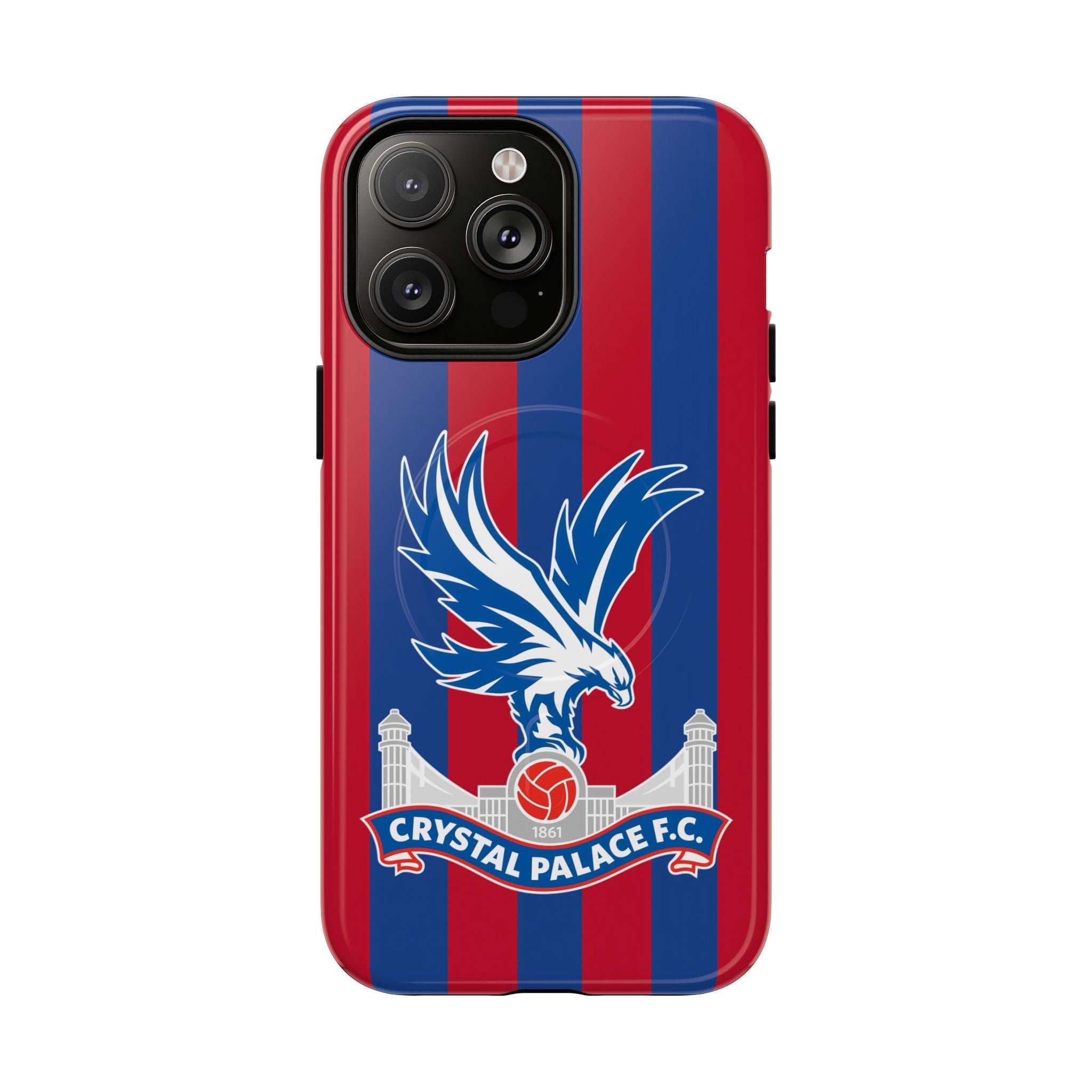 Crystal Palace MagSafe iPhone case with red and blue stripes and eagle crest, durable dual-layer protection, and MagSafe compatibility