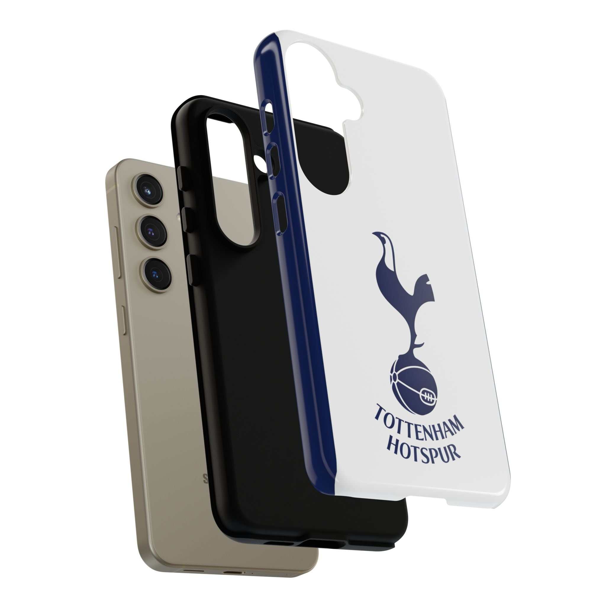 Tottenham FC magnetic Samsung phone case in white and navy with shock-absorbing dual layers and wireless charging compatibility