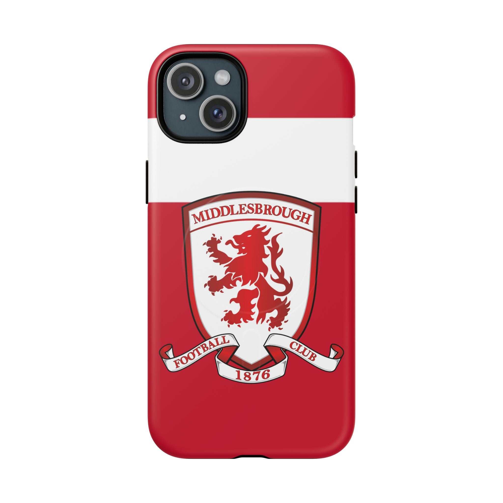 Middlesbrough MagSafe iPhone case with red design and club crest, durable dual-layer protection and wireless charging compatible