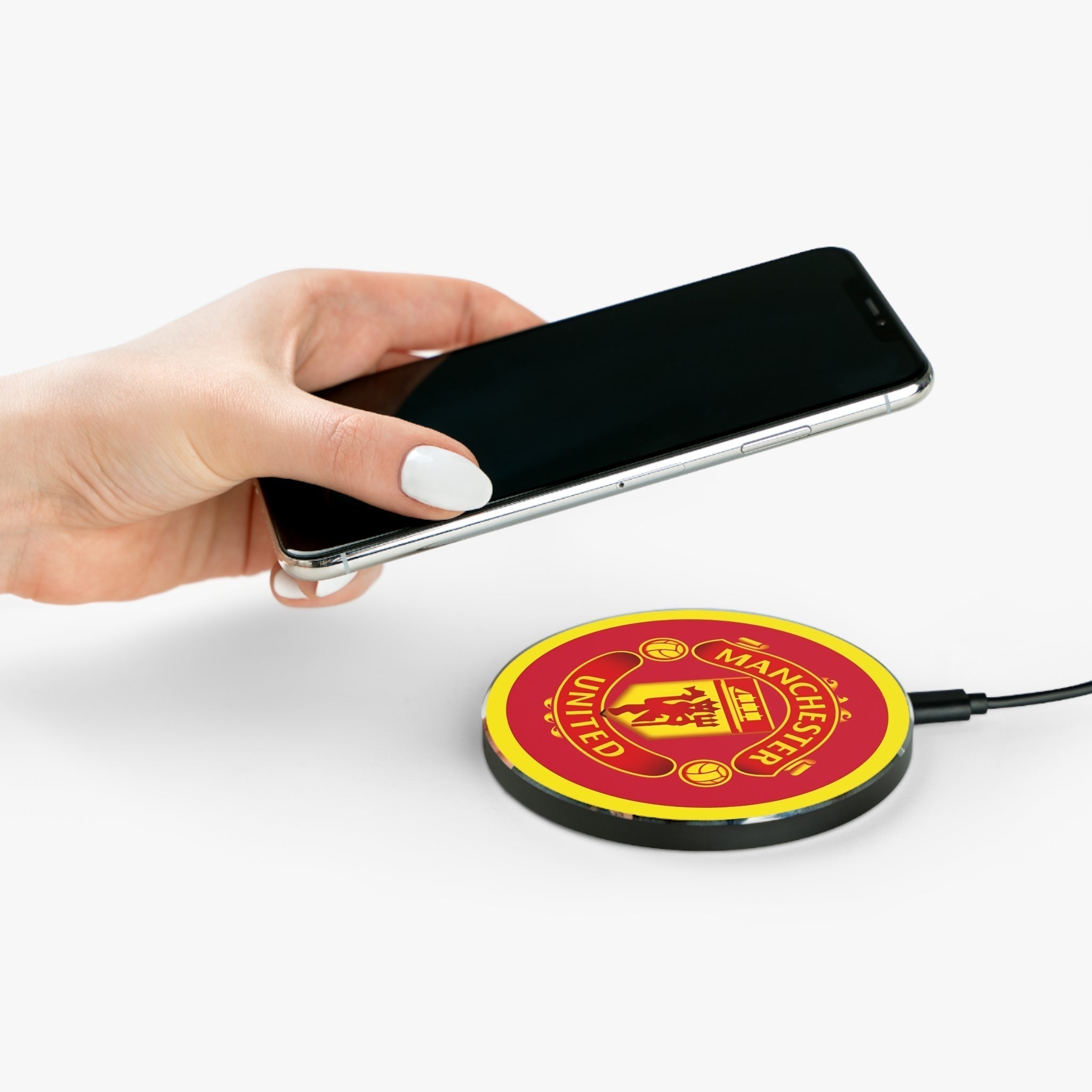 Manchester United FC wireless charger in red and yellow with club crest and 10W fast charging