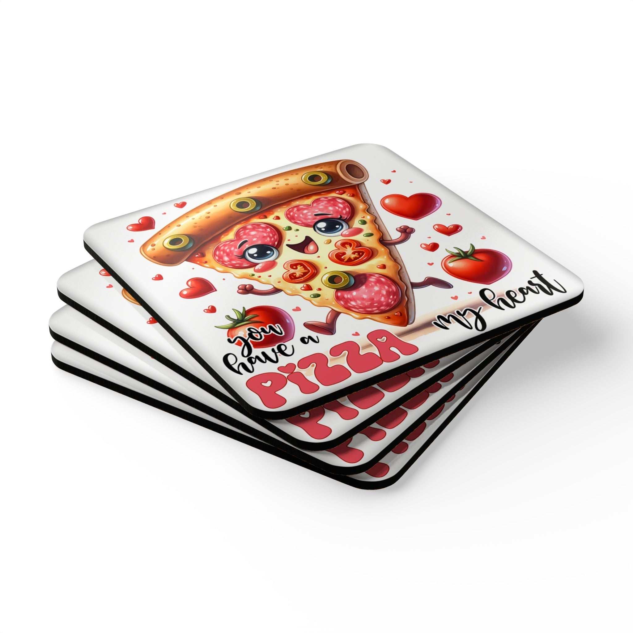 Pizza My Heart Coaster Set with playful pizza design and cork backing.