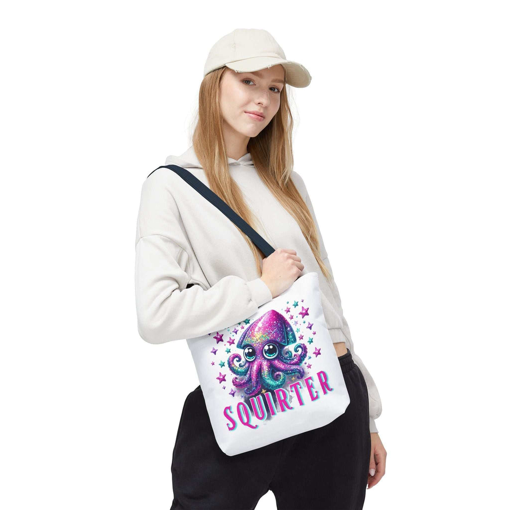 Squirter Squid Tote Bag with cheeky design and colorful handles made from durable spun polyester