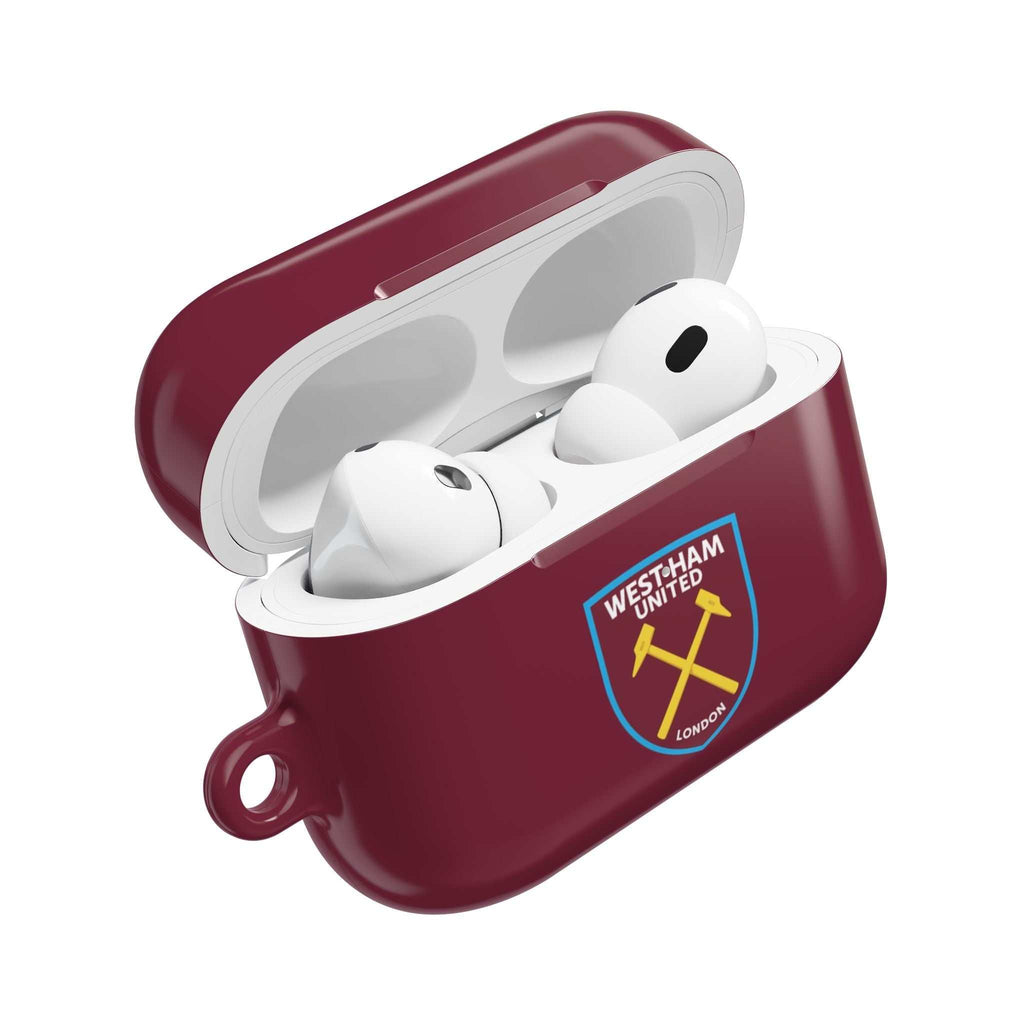 West Ham Utd FC AirPods Pro protective hard case in claret with crossed hammers crest and wireless charging compatible