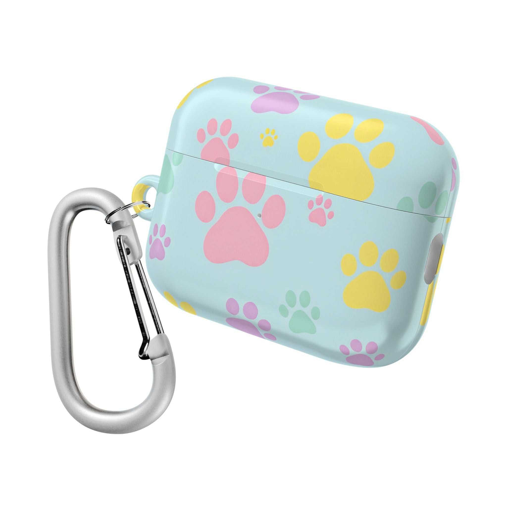 Pastel doggy paw patterned hard shell protective case for AirPods and AirPods Pro with carabiner clip
