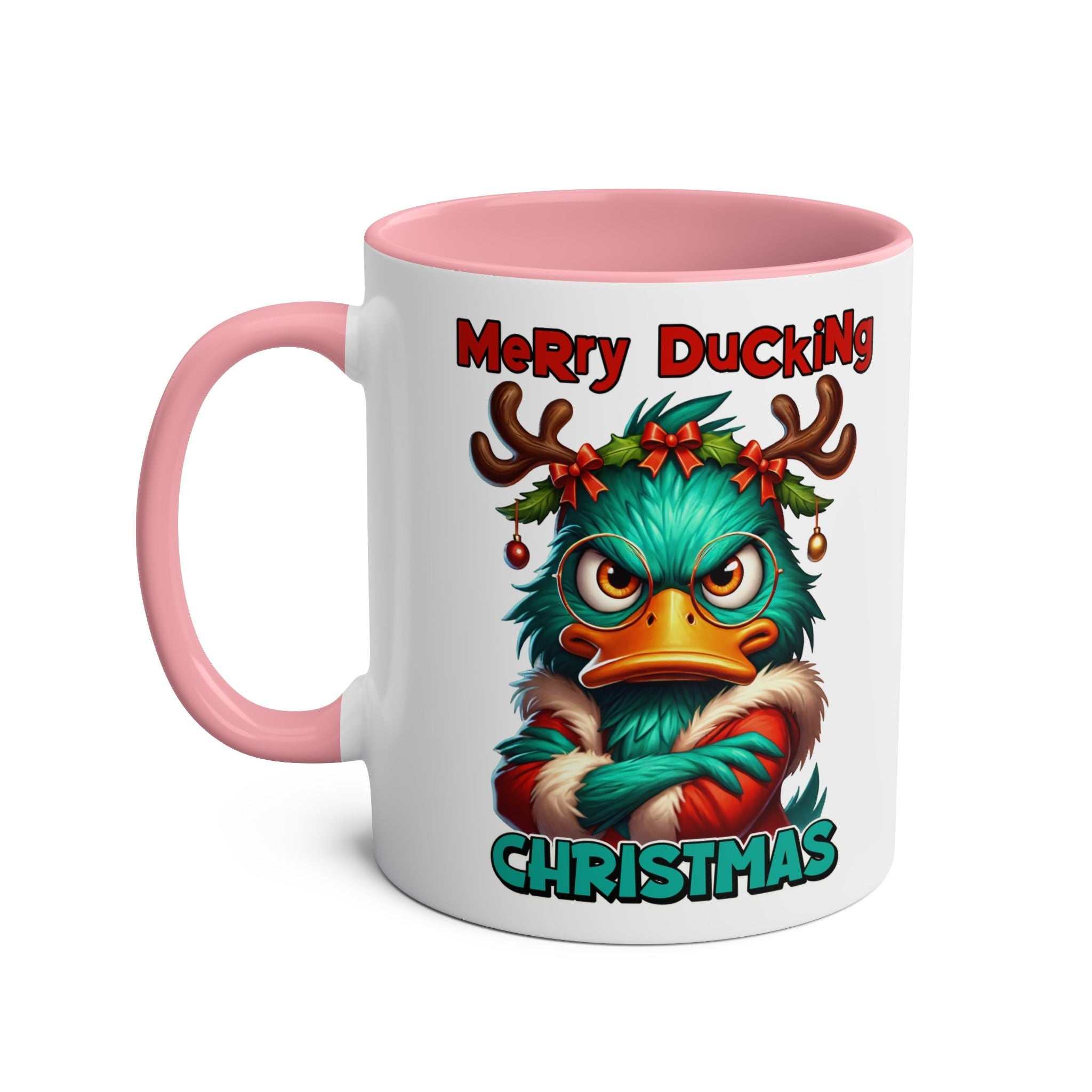 Sarky Christmas mug with duck design, available in 7 colors, 11oz ceramic.