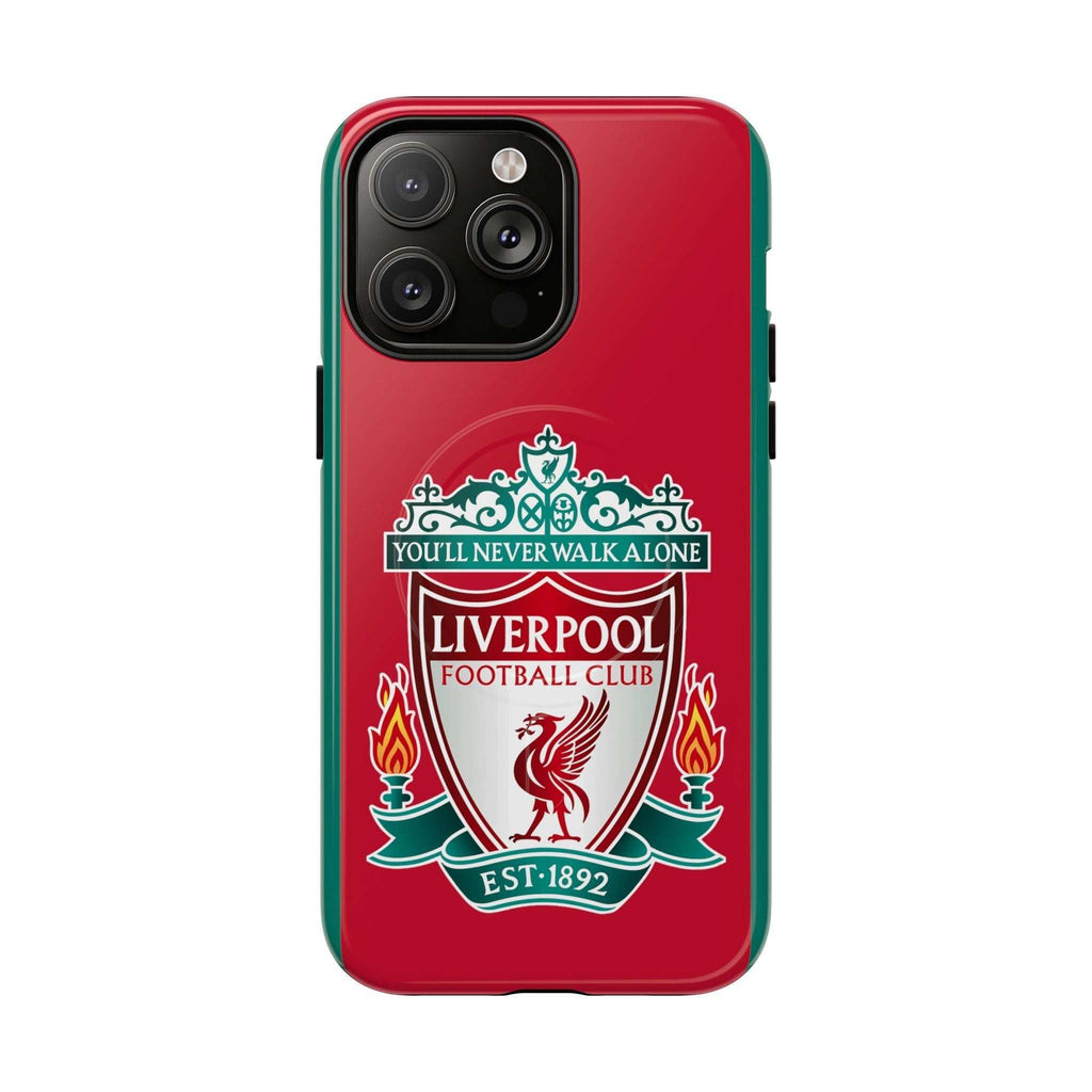 Liverpool FC MagSafe iPhone case with red design and club crest, dual-layer protection, and MagSafe compatibility