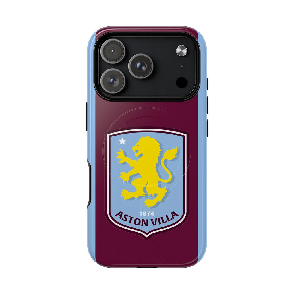Aston Villa MagSafe iPhone case with claret and blue colors and official-inspired crest, dual-layer protection, and MagSafe compatibility.