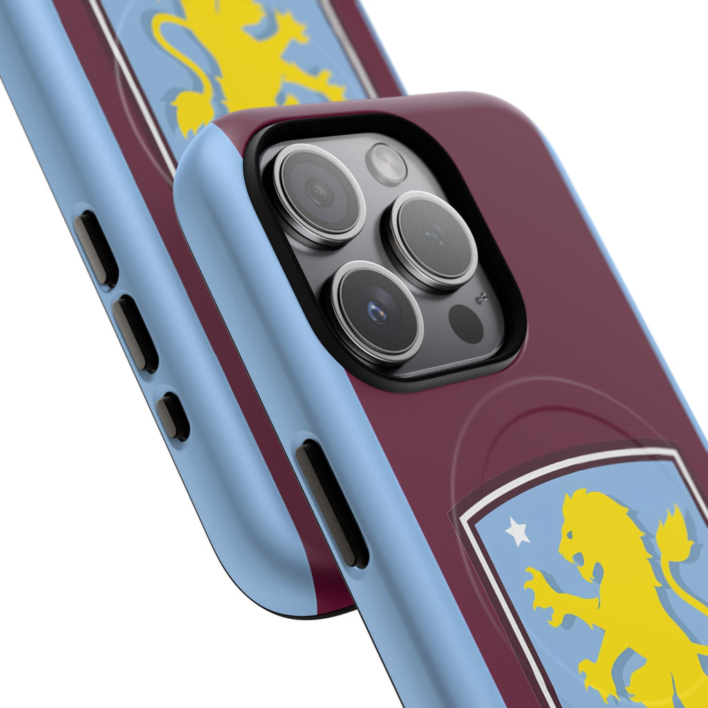 Close-up of Aston Villa Magsafe iPhone Case with claret and blue colors and team crest, showing camera cutout and side buttons.