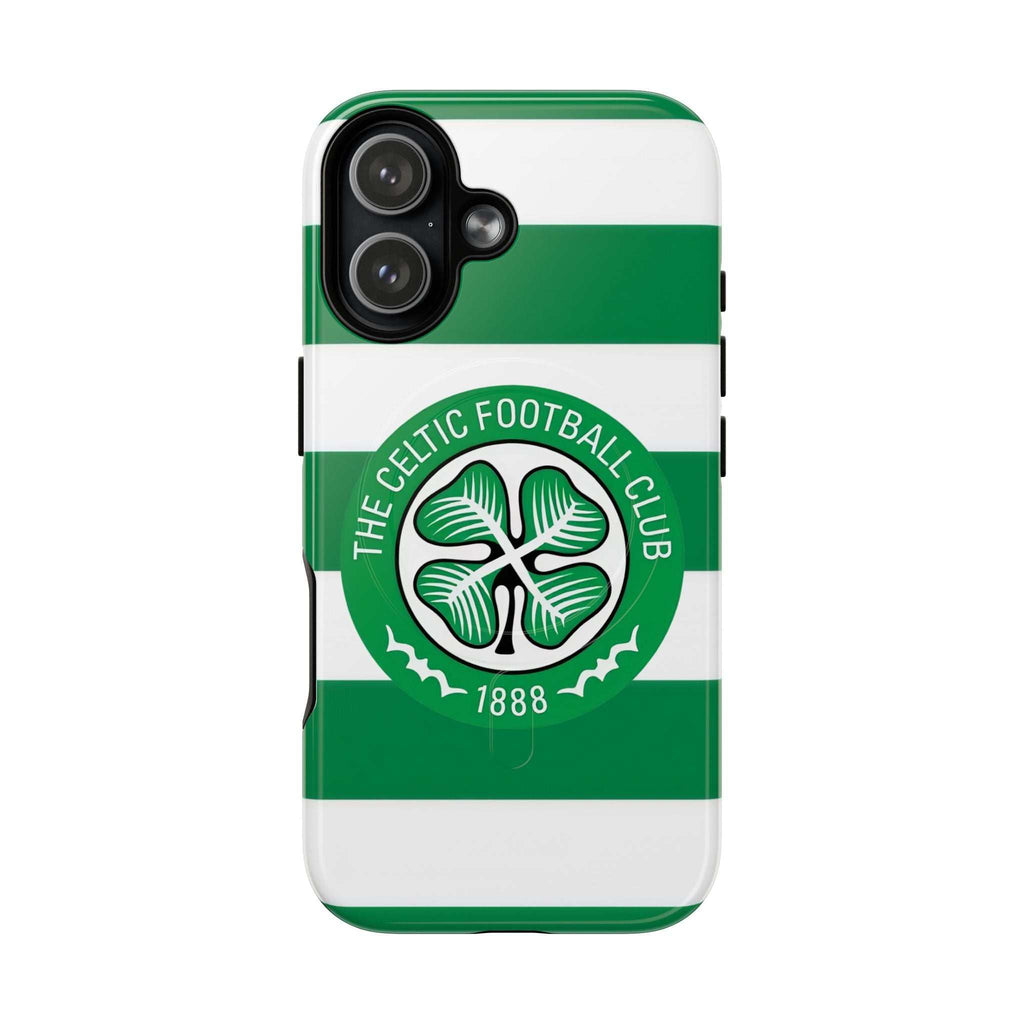Celtic MagSafe iPhone case with green and white stripes and club crest, dual-layer protection, MagSafe compatible.