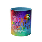 LGBTQ+ Pride Mug with vibrant rainbow design and inspirational message.