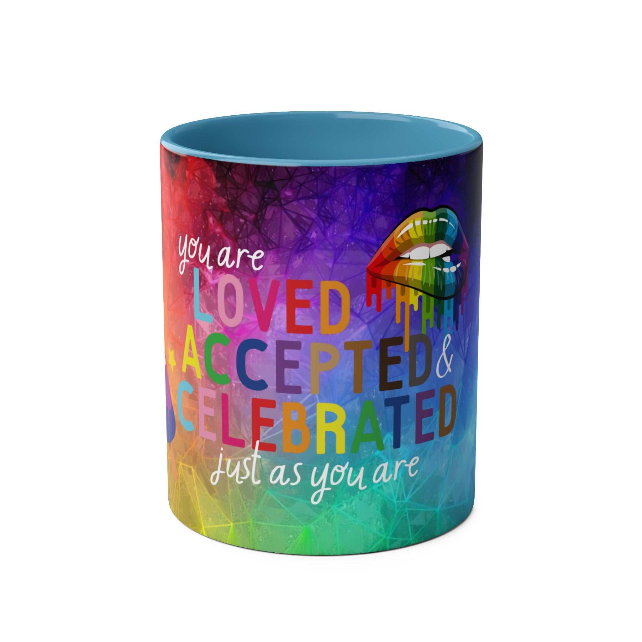 LGBTQ+ Pride Mug with vibrant rainbow design and inspirational message.