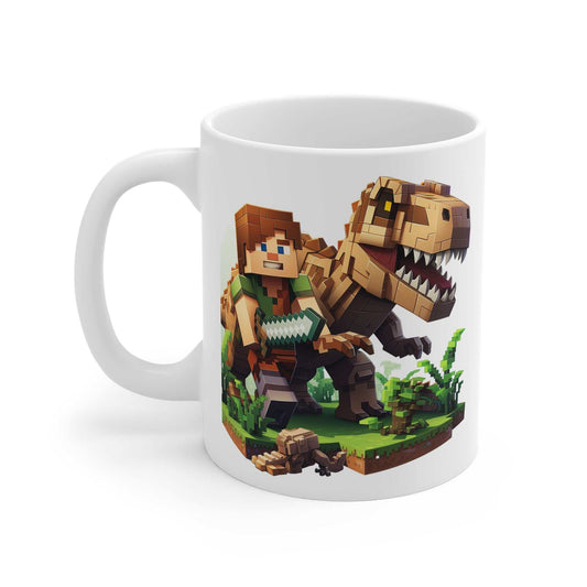 Minecraft Dinosaur Inspired Mug with pixelated dinosaur design, 11oz ceramic, glossy finish.