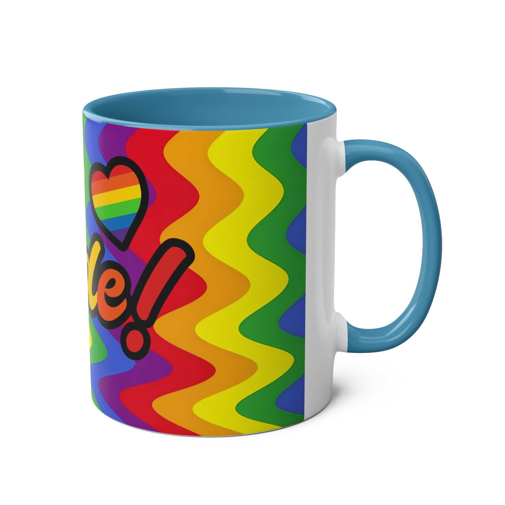 LGBTQ+ Pride mug with vibrant rainbow design, ceramic, 11oz, glossy finish.