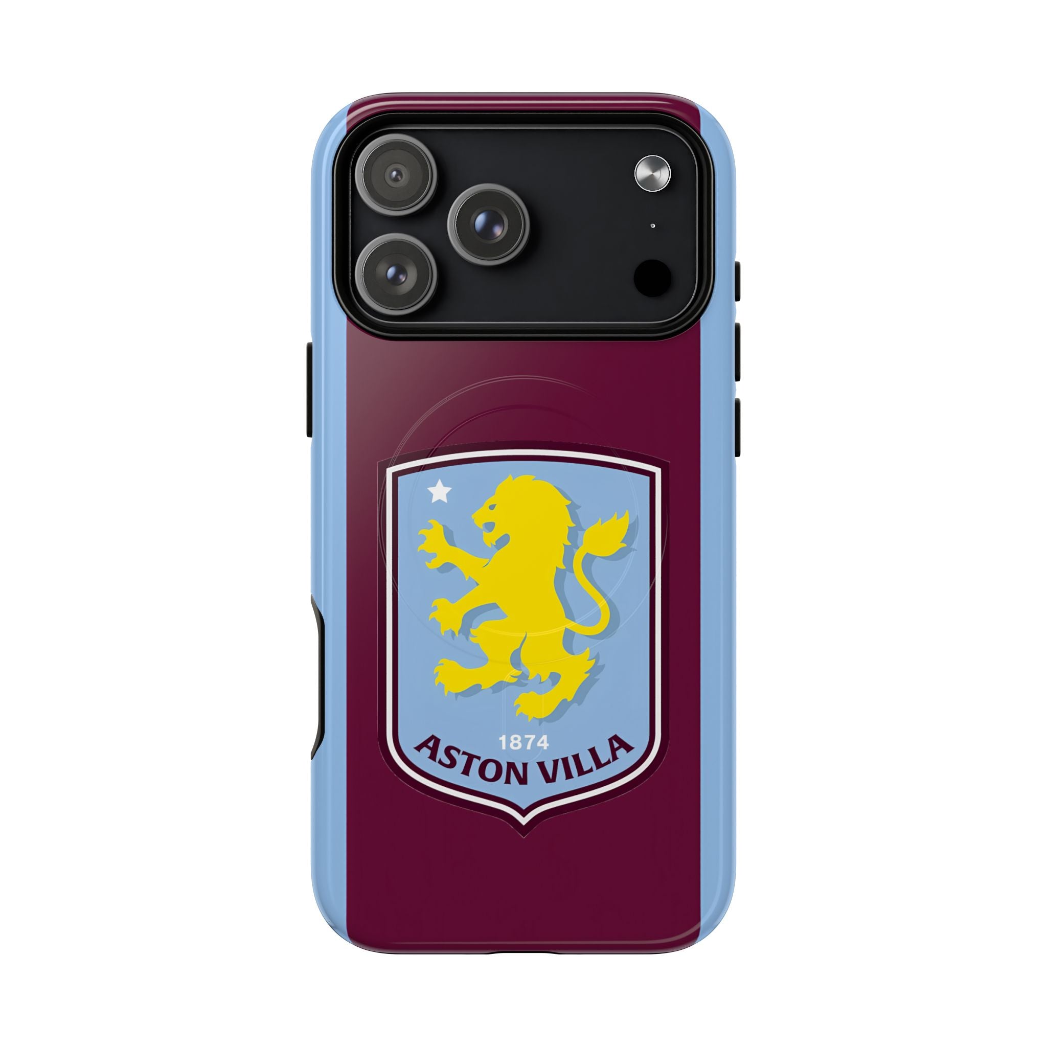 Aston Villa MagSafe iPhone case with claret and blue colors and club crest, dual-layer protective design, MagSafe compatible