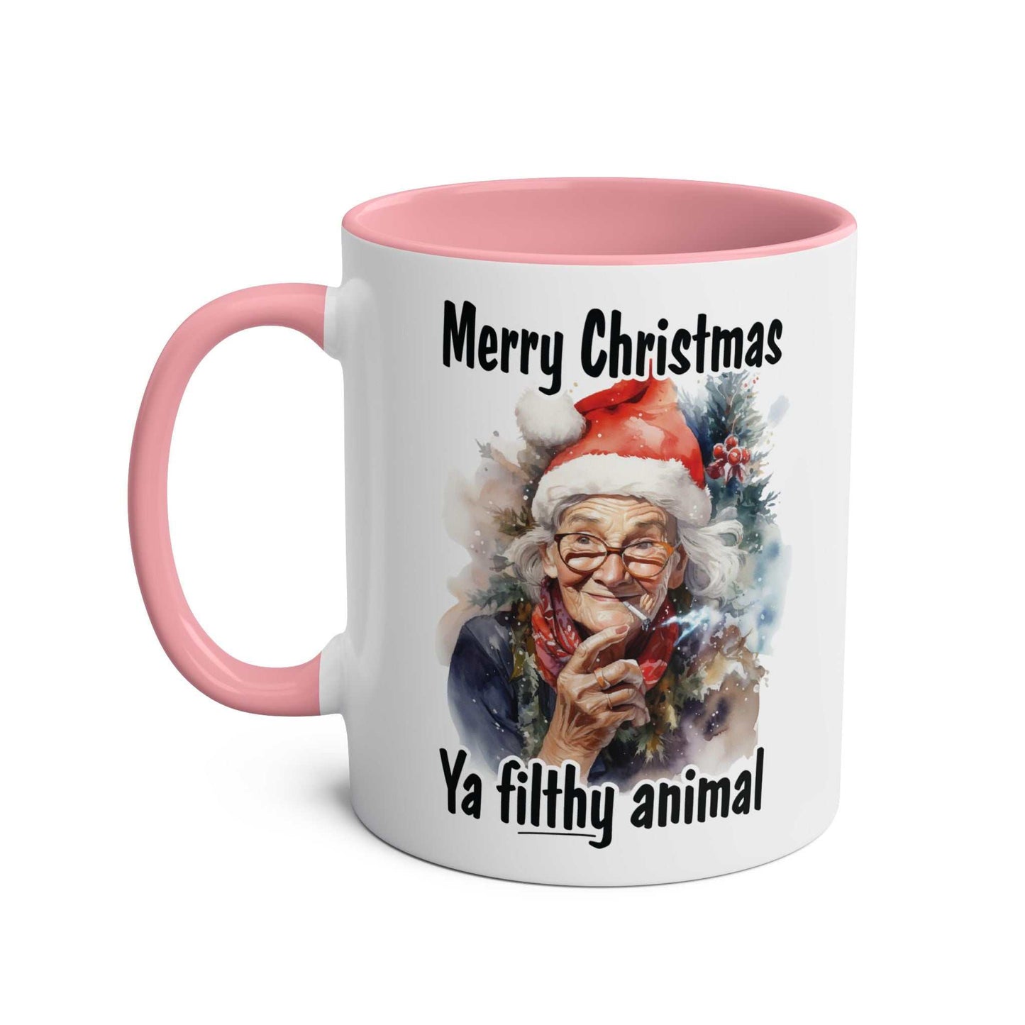 Sweary Granny Christmas Mug with cheeky design and pink handle, 11oz ceramic, festive gift.