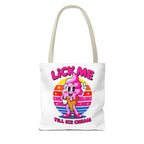 Lick Me Till Ice Cream Tote Bag with cheeky ice cream design, durable spun polyester, multiple sizes and handle colors, perfect for daily use and gifting