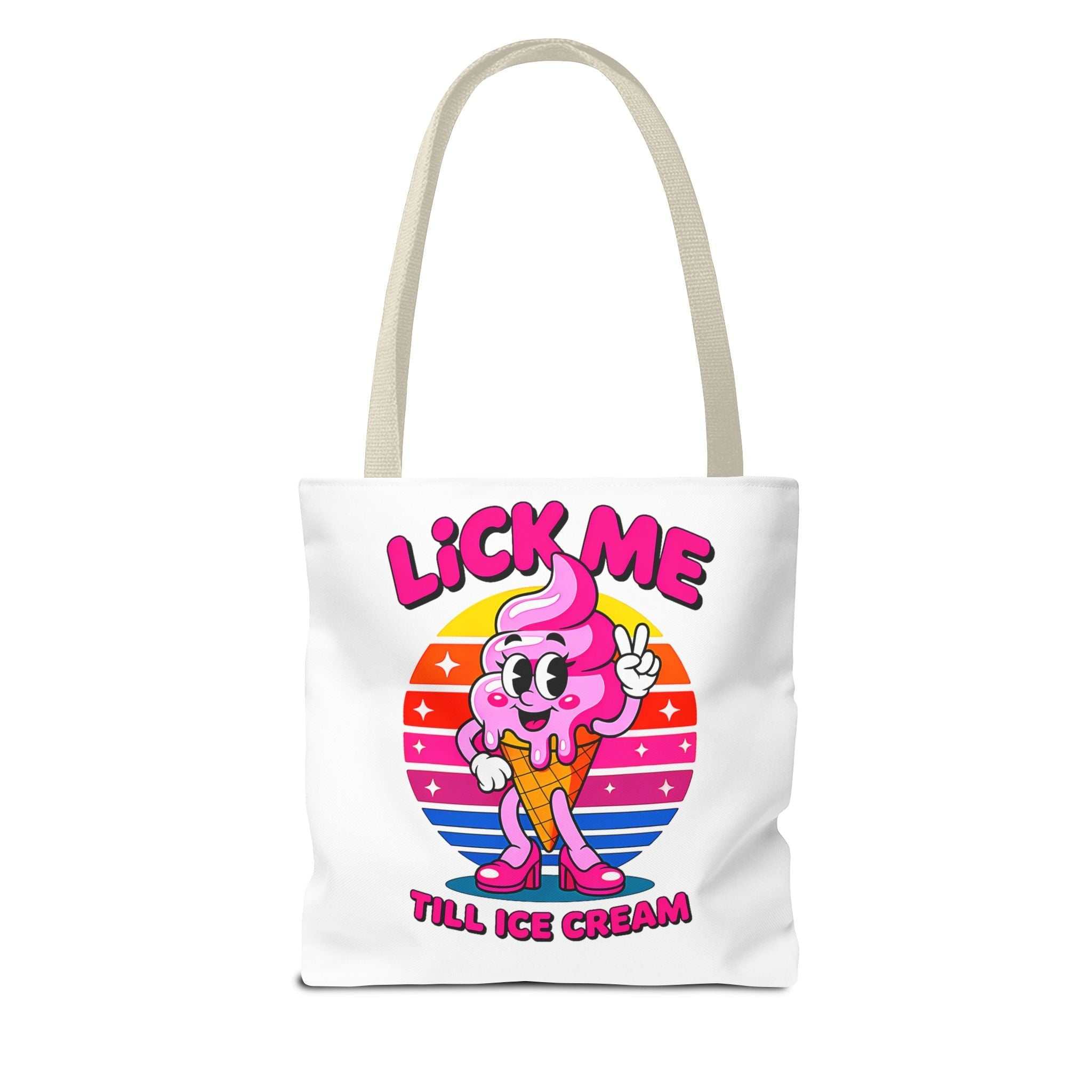 Lick Me Till Ice Cream Tote Bag with cheeky ice cream design, durable spun polyester, multiple sizes and handle colors, perfect for daily use and gifting