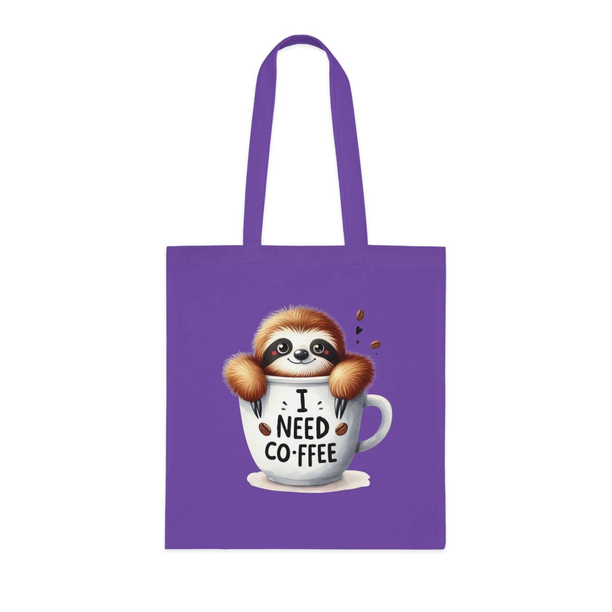 Purple cotton tote bag with cute sloth design, perfect for shopping or daily use.