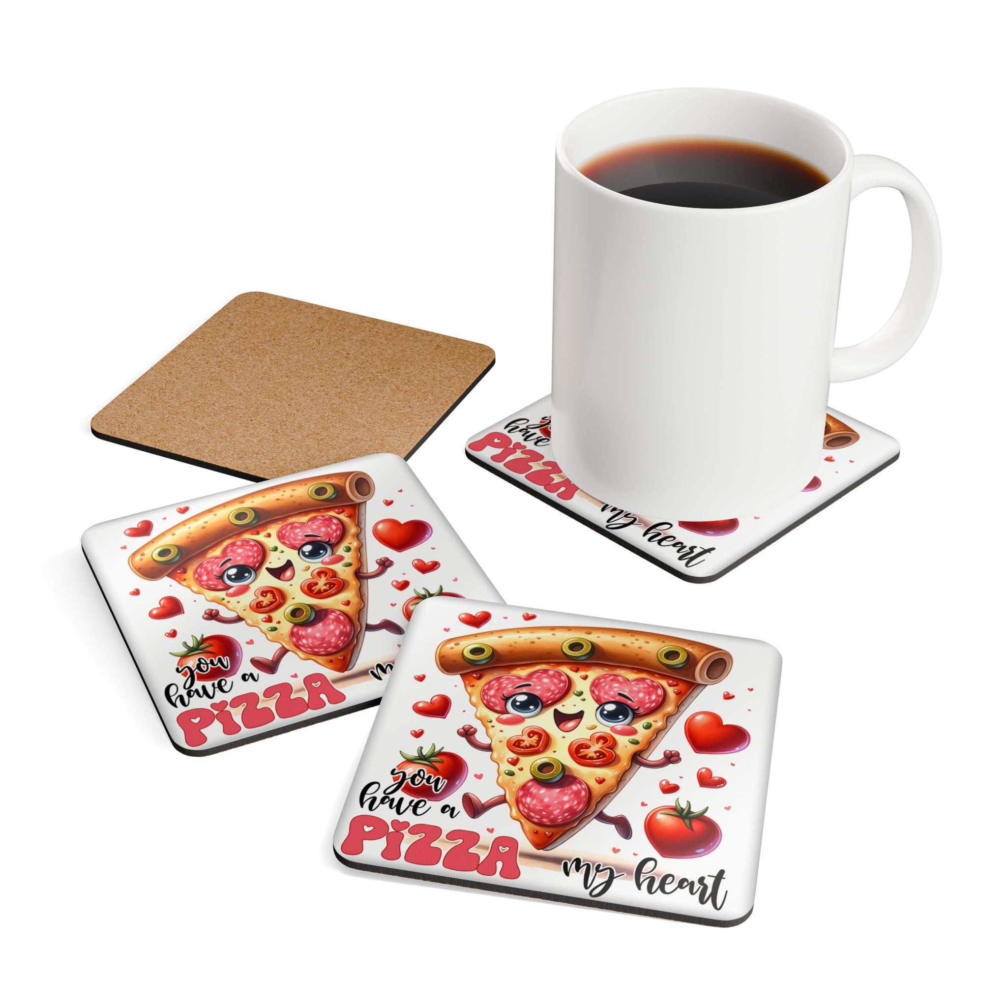 Pizza My Heart Coaster Set with quirky design and cork back.