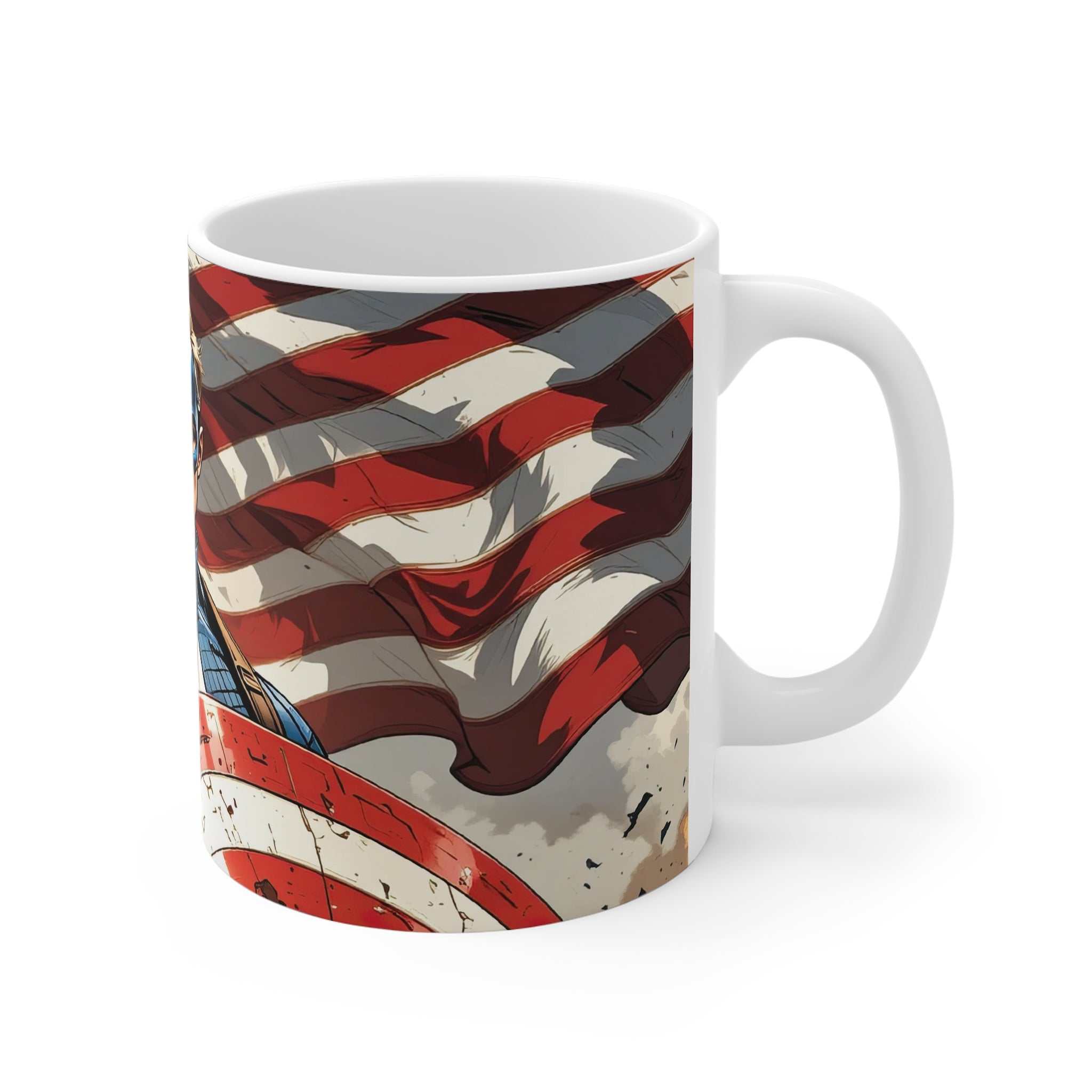Captain America inspired ceramic mug with Marvel-themed shield and flag design, 11oz, microwave and dishwasher safe
