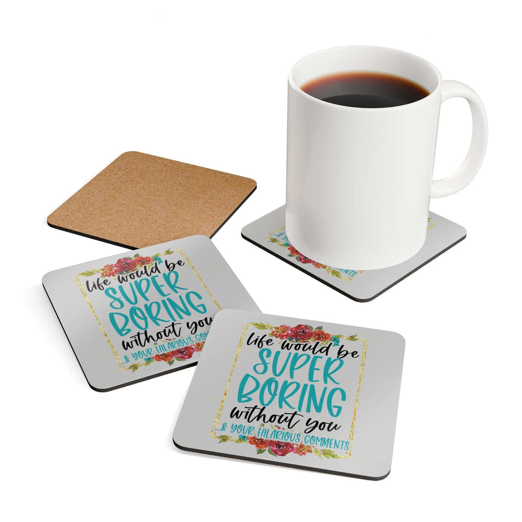Coaster set with playful design, high-gloss MDF top, cork back, and rounded corners, perfect for protecting tables.