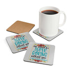 Coaster set with playful design, high-gloss MDF top, cork back, and rounded corners, perfect for protecting tables.