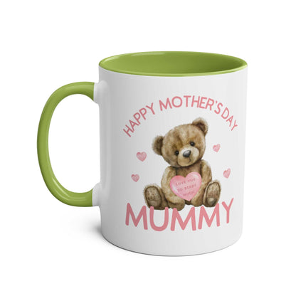 Cute Bear Mother's Day mug with green handle and interior, featuring a teddy bear design with heart accents.