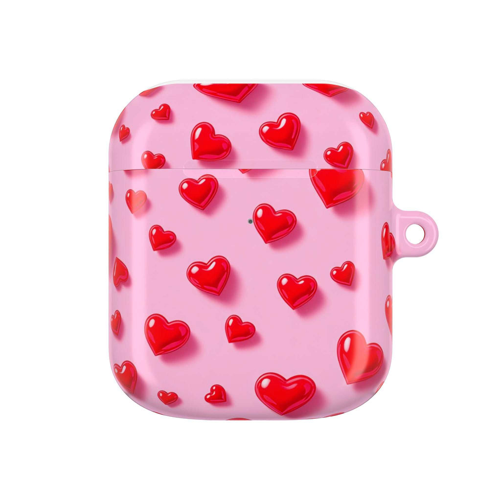 Pink AirPods case with red heart pattern protective hard shell cover