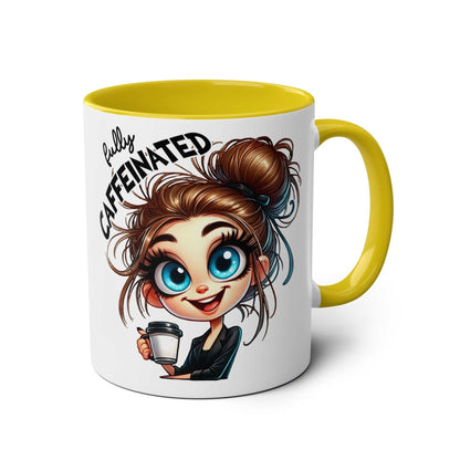 Fun Sarcastic Coffee Mug with cartoon character and "fully caffeinated" text, yellow handle, 11oz ceramic.