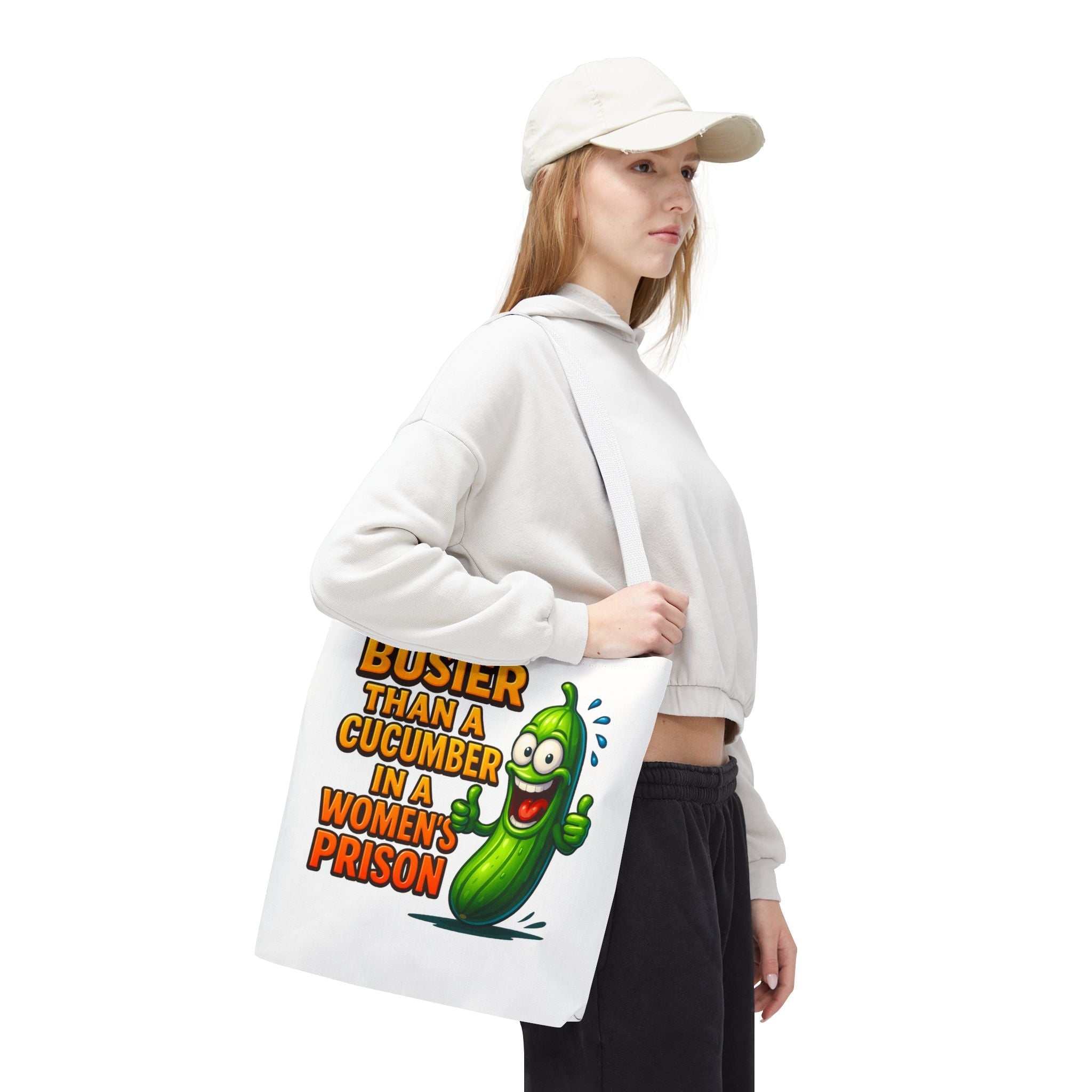 Busier Than a Cucumber Tote Bag with cheeky design and durable spun polyester material