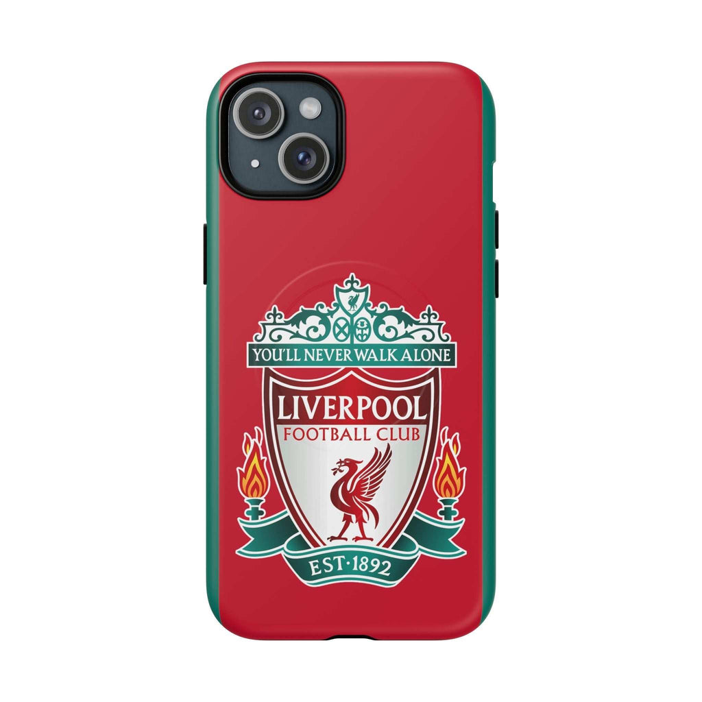 Liverpool FC MagSafe iPhone case in red with official-inspired crest, dual-layer shock-absorbing protection, and MagSafe compatibility.