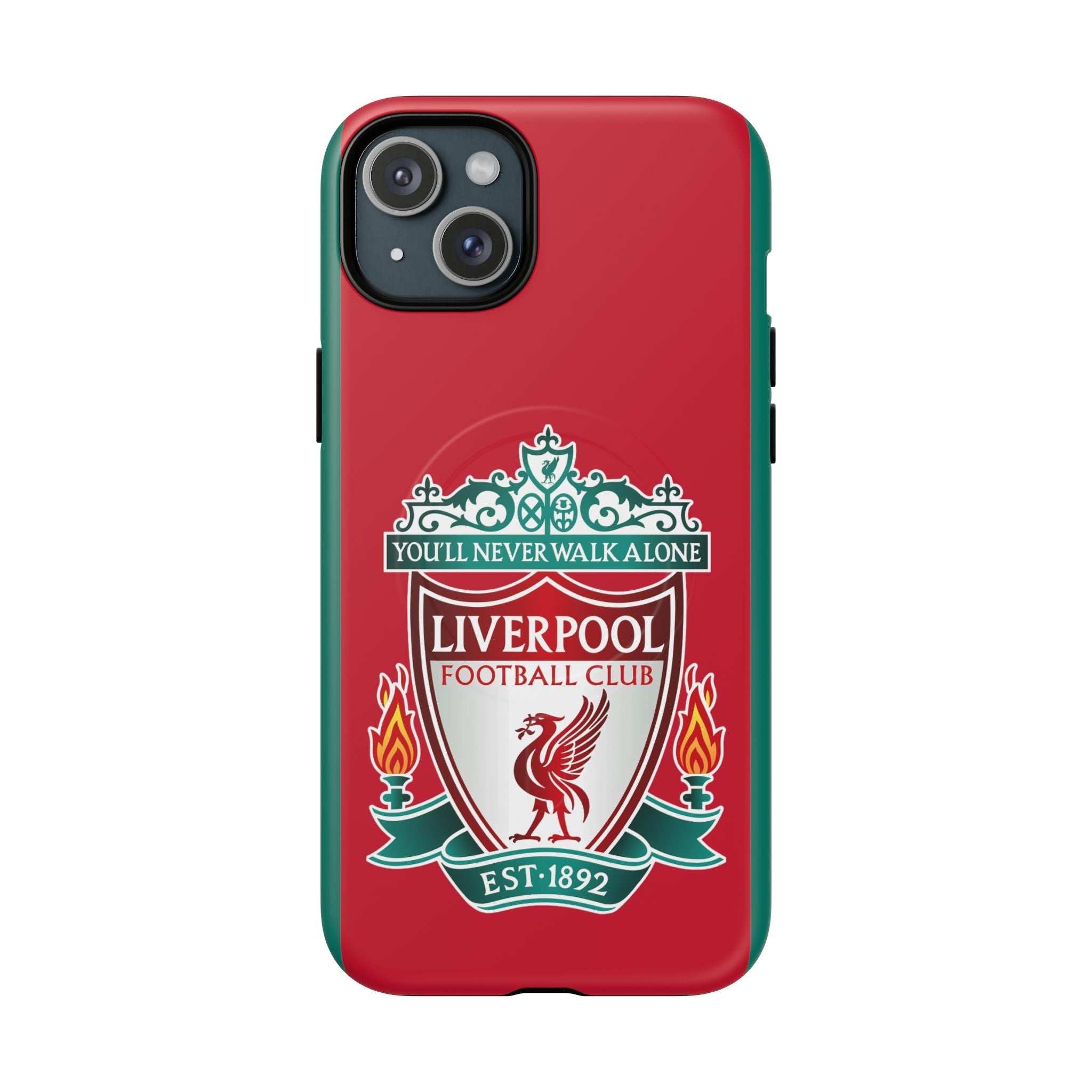 Liverpool FC MagSafe iPhone case in red with official-inspired crest, dual-layer shock-absorbing protection, and MagSafe compatibility.