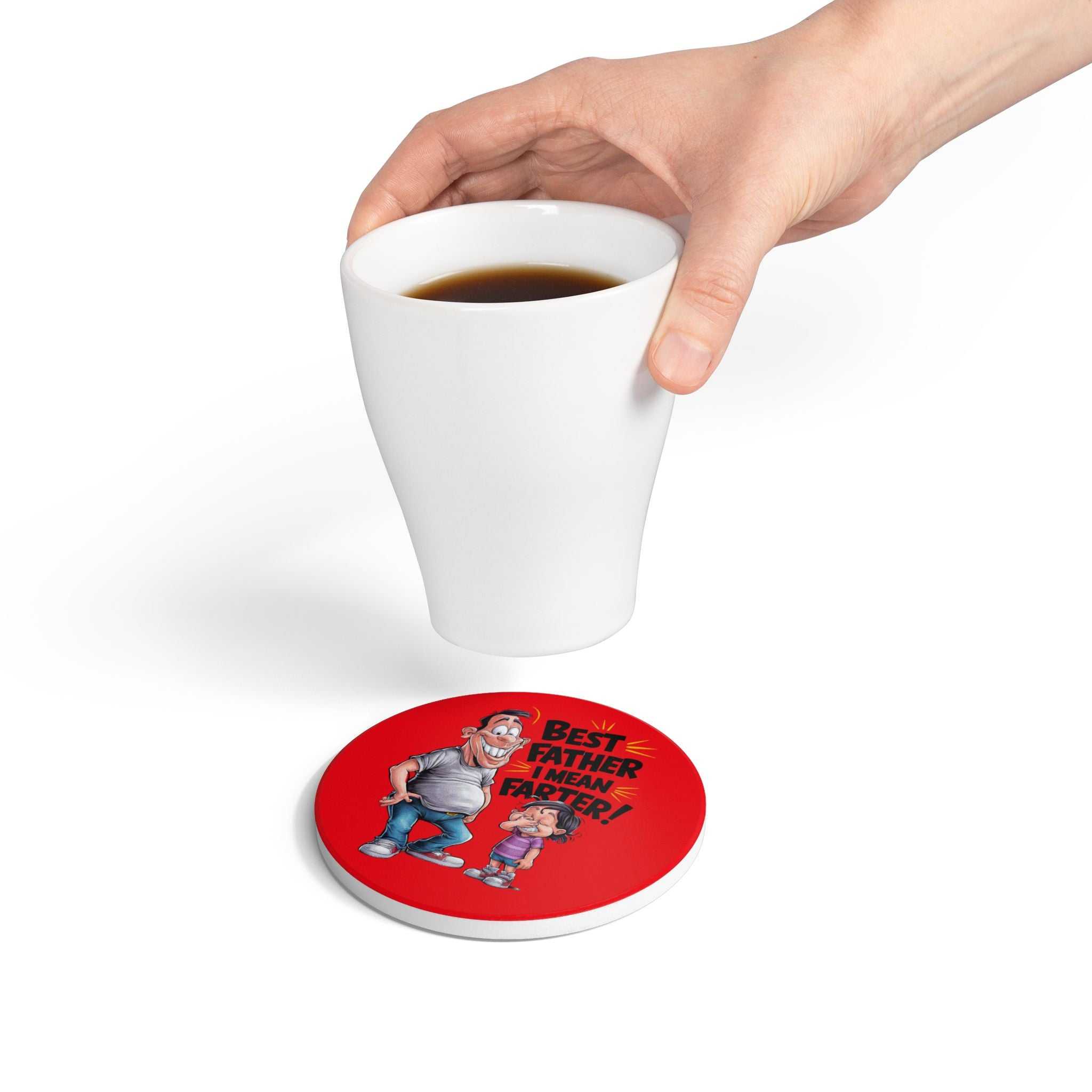 Best Farter Ceramic Coaster with humorous beer design and cork backing protecting surfaces from hot and cold drinks