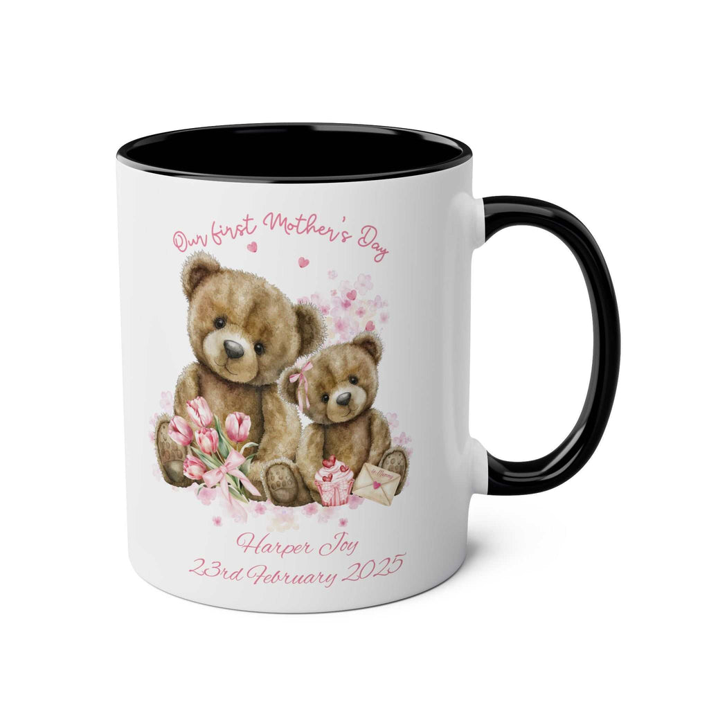 Personalised Our First Mother's Day mug with teddy bear, baby's name, and birthdate keepsake gift for new mum