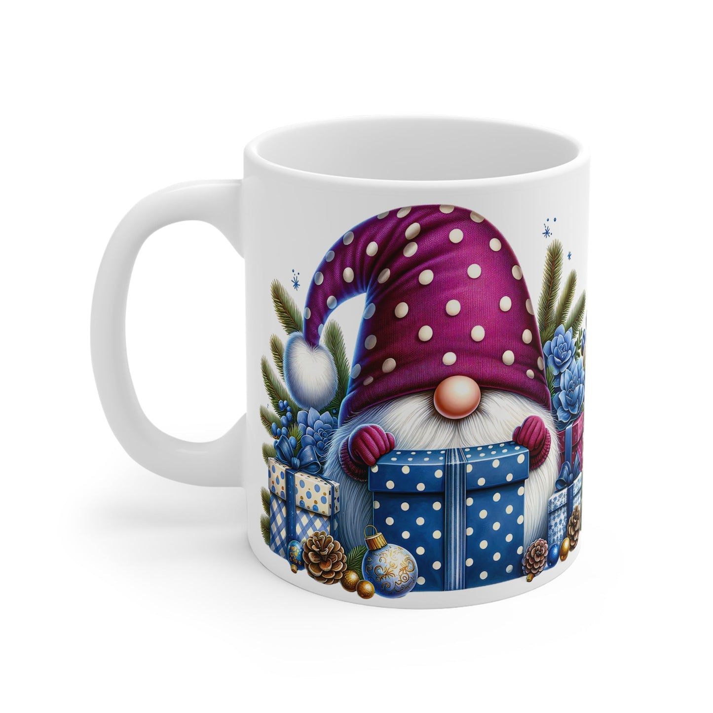 Cute gnome Christmas mug with festive design, 11oz ceramic, glossy finish.