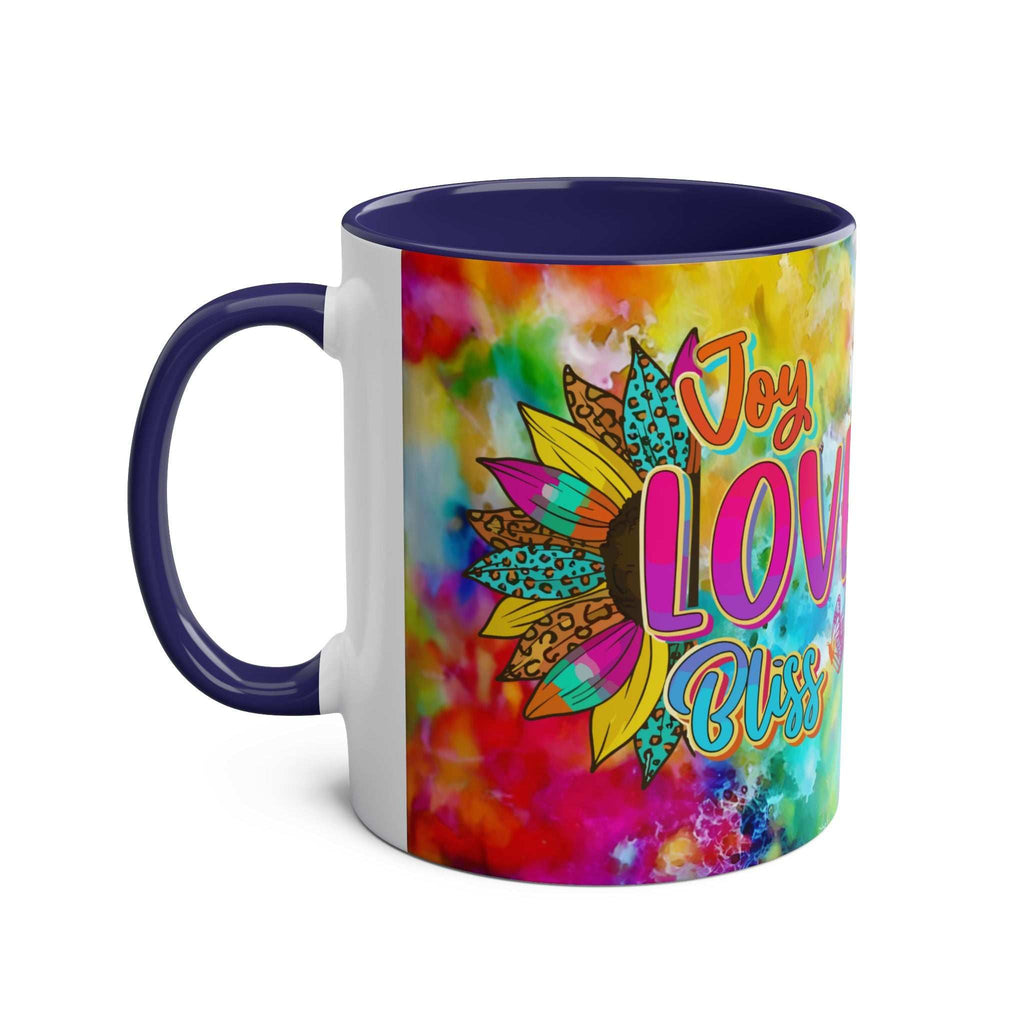 Vibrant rainbow LGBTQ+ Pride mug with "Joy Love Bliss" design, ceramic and glossy finish.