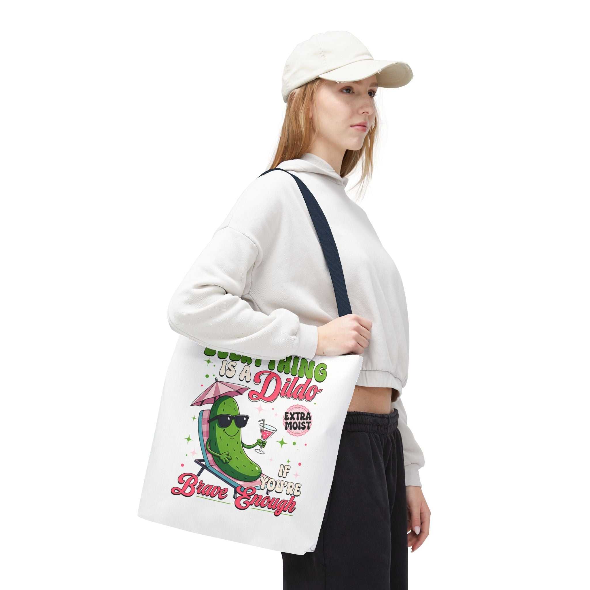 Cheeky Quote Pickle Tote Bag with bold printed design and colorful handles, three sizes, durable polyester fabric, perfect for everyday use