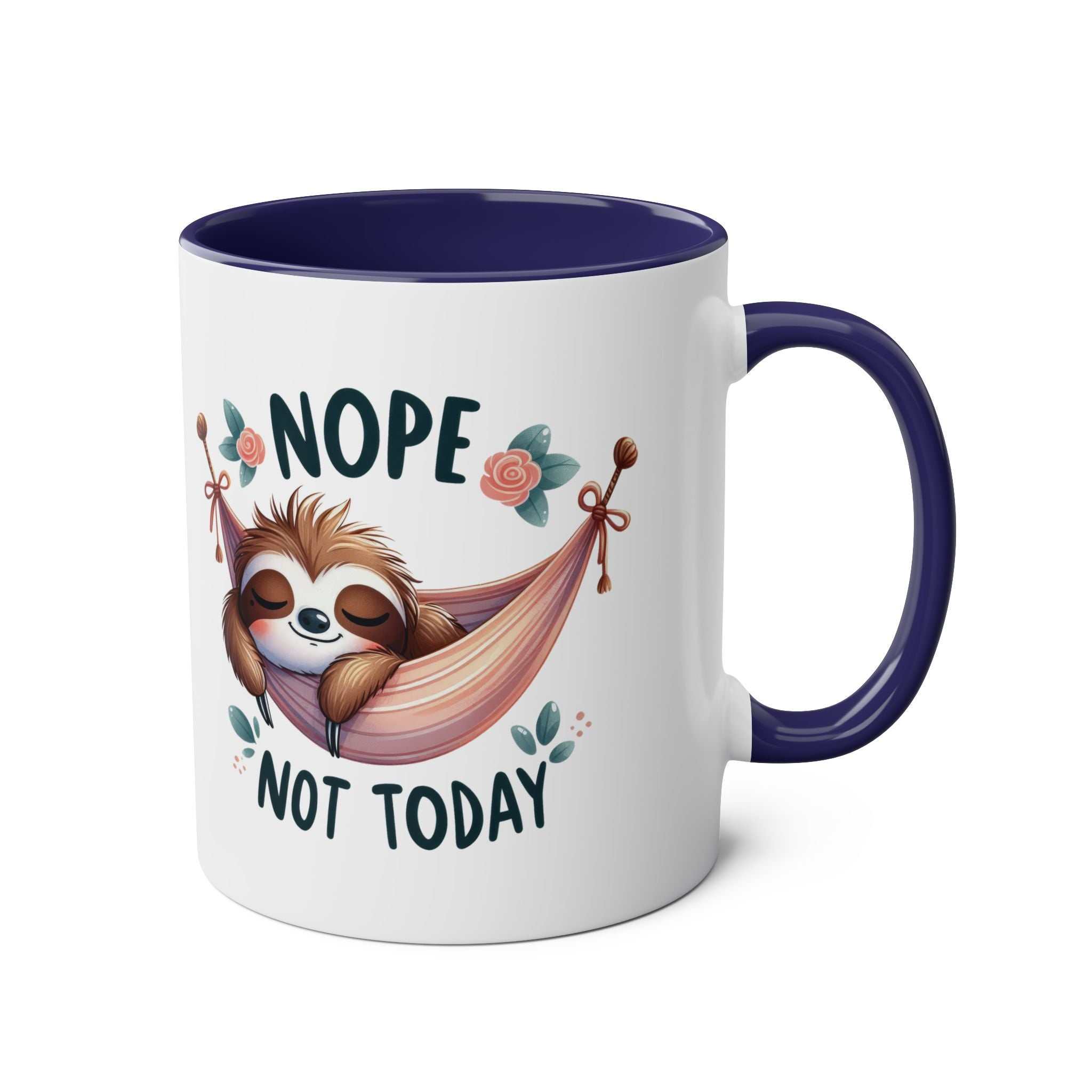 Cute sloth coffee mug with "Nope Not Today" design, perfect for animal lovers and gifting.