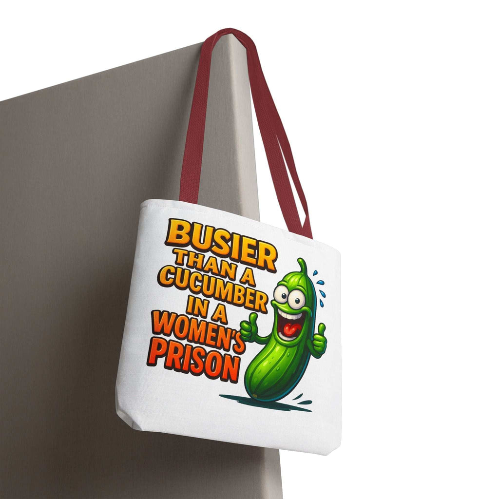 Busier Than a Cucumber Tote Bag with cheeky design and colorful handles, durable and reusable tote for everyday use