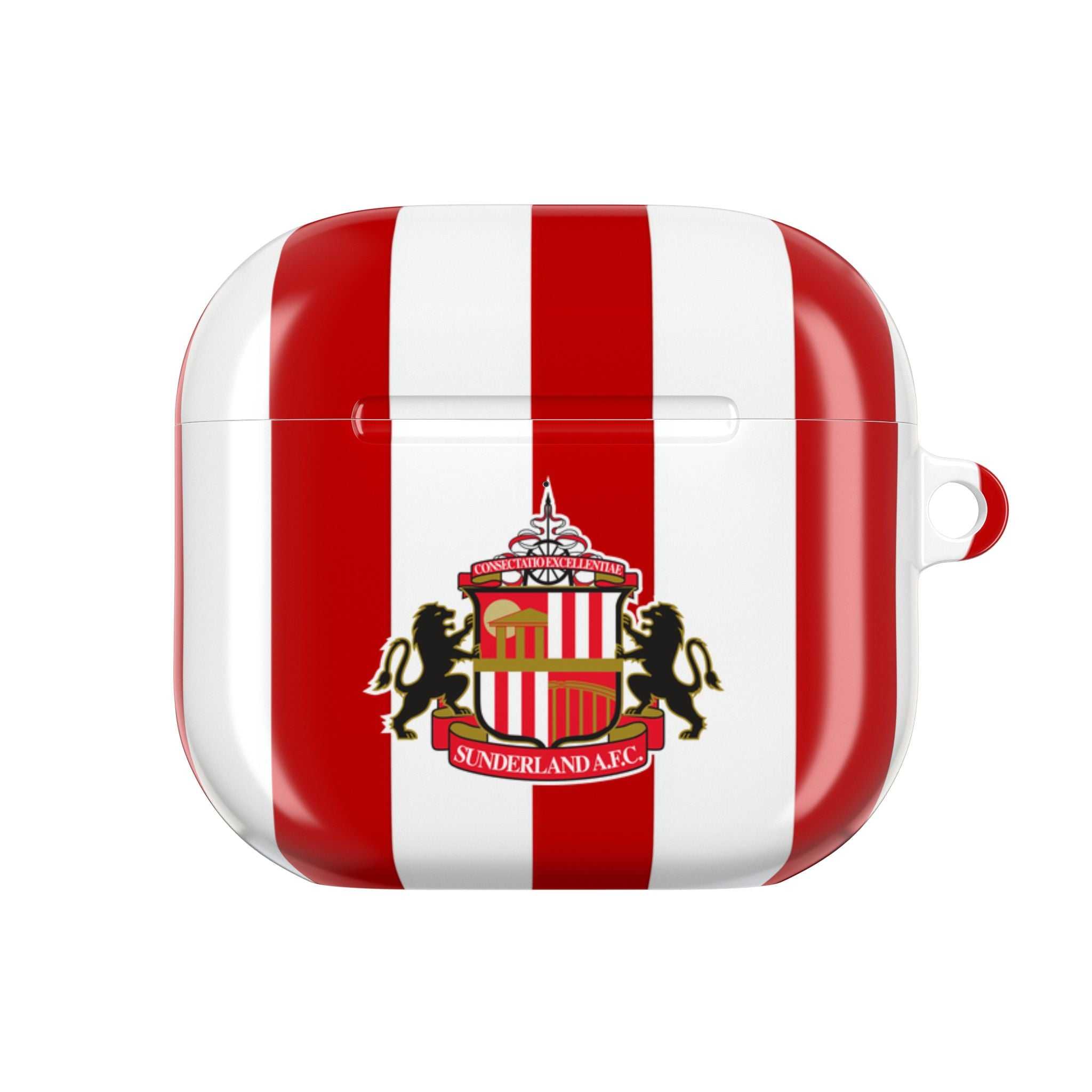 Sunderland FC AirPods case with red and white stripes and club crest, durable shock-resistant protective cover for AirPods and AirPods Pro.