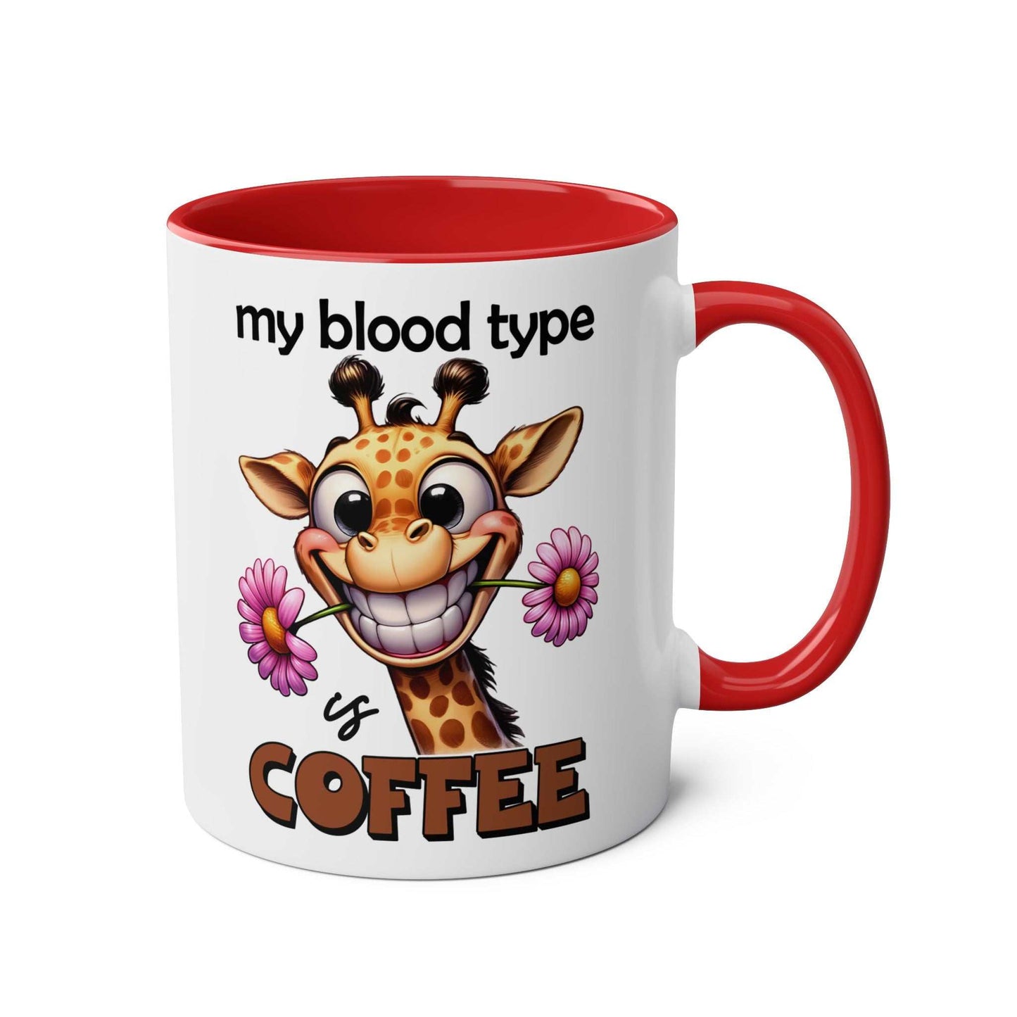 Funny giraffe design coffee mug with "My Blood Type Coffee" text, red handle, and interior.