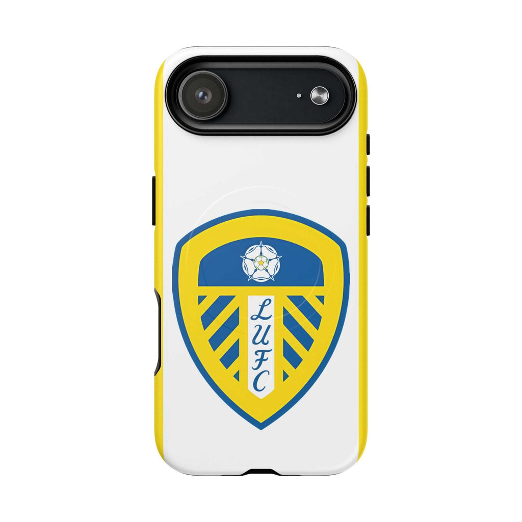 White Leeds Utd Magsafe iPhone Case with club crest and yellow edges, durable dual-layer design