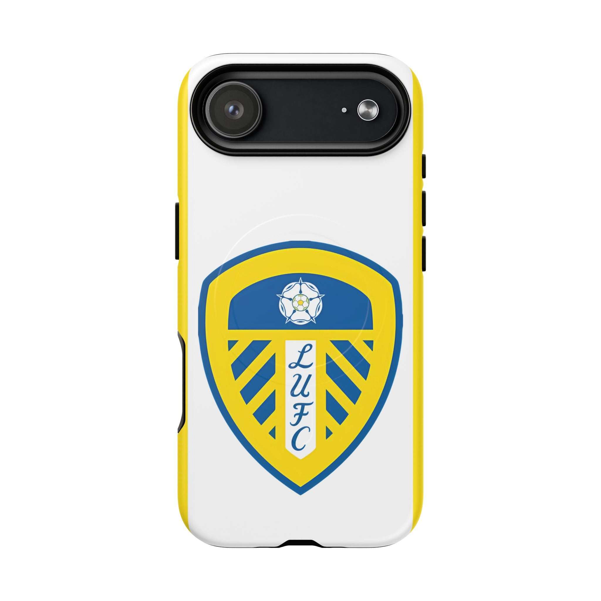 White Leeds Utd Magsafe iPhone Case with club crest and yellow edges, durable dual-layer design